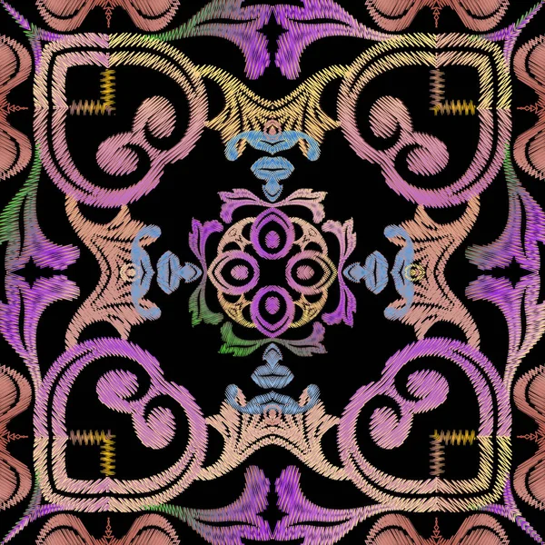 Bordado barroco vector patrón sin costuras. Fondo colorido floral adornado grunge. Papel tapiz tapiz. Texturizado flores vintage, hojas, eclosión ornamentos barrocos simétricos. Textura bordada . — Vector de stock