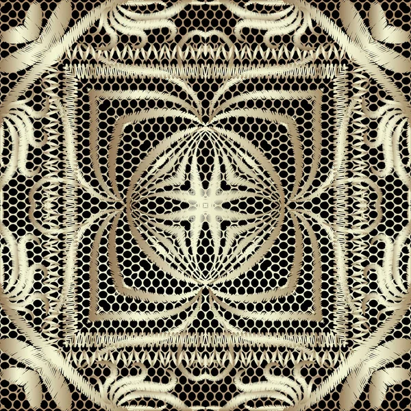 Vintage bordado de oro patrón inconsútil vector. Fondo de encaje texturizado. Repita el telón de fondo de la cuadrícula. Adorno floral tapiz con flores doradas bordadas, hojas, círculos, formas, marcos en zigzag . — Vector de stock