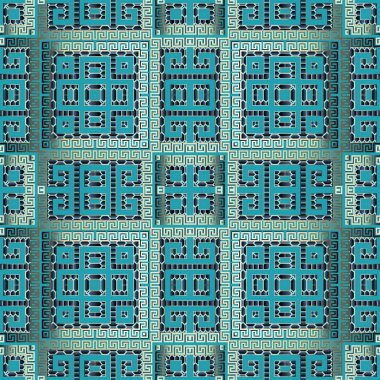 Damalı süs geometrik yunan 3d dikişsiz desen. Yüzey vektör çizgili ızgara arka plan. Desenli kareleri arka planı tekrarlayın. Lüks dokulu süs. Yunanca anahtar meander çerçeveler, şekiller, çizgiler