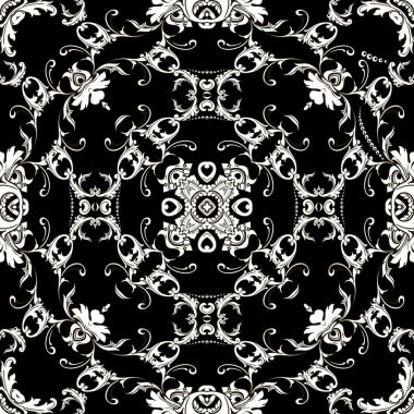 Vintage Barok vektör dikişsiz desen. Süs antik tarzı çiçek arka plan. Damask siyah beyaz süs. Süslü arka planı tekrarlayın. Çiçekler, yapraklar, noktaile dekoratif zerafet tasarımı.