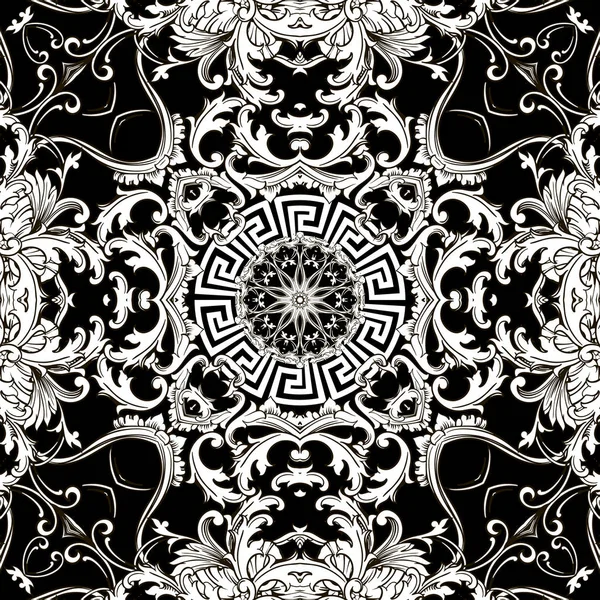 Μπαρόκ ενιαίο μοτίβο. Μαύρο και άσπρο διάνυσμα δαμασκηνό φόντο ταπετσαρία με vintage λουλούδια, φύλλα κύλισης, μεκάντερς, Ελληνικά βασικά γεωμετρικά στολίδια μάνταλα. Περίτεχνη υφή. Πολυτελής floral σχεδίαση — Διανυσματικό Αρχείο