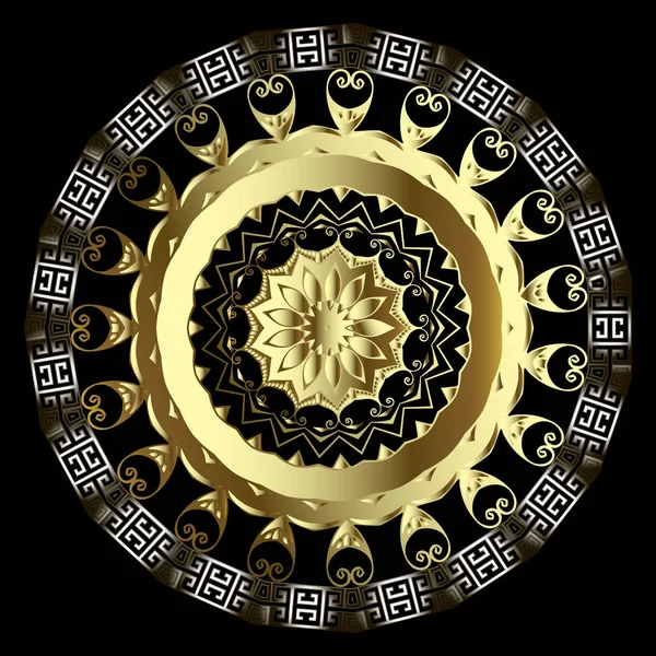 華やかな金の花の3Dベクトルマンダラパターン。装飾的な近代的なギリシャの背景。ギリシャのキー蛇行デザインとラウンドヴィンテージ3D装飾。表面の黄金の質感。エスニックスタイルゴールドペイズリーの花. — ストックベクタ