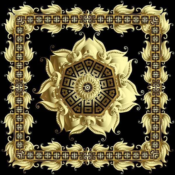 Padrão de mandala vetor redondo grego ouro 3d com quadro floral quadrado. Estilo étnico tribal fundo decorativo. chave grega geométrica meandros ornamento dourado. Paisley vintage flores, formas, molduras . — Vetor de Stock