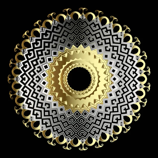 観賞用ゴールドシルバー3Dベクトルマンダラパターン。部族の民族スタイルパターンの背景。幾何学的なギリシャスタイルの抽象的なジグザグの装飾。華やかな黄金の装飾的なデザイン。メタリックな質感. — ストックベクタ