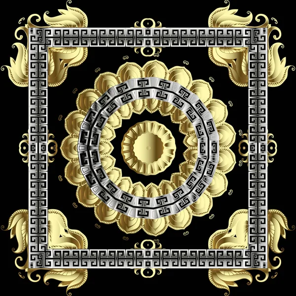 Περίτεχνο χρυσό floral 3D διανυσματικό μοτίβο μάνταλα. Διακοσμητικό Ινδικό φόντο. Στρογγυλό vintage 3D στολίδι με το ελληνικό κλειδί meandan πλαίσιο. Επιφανειακή χρυσή υφή. Εθνικό στυλ χρυσό Λαχούρι λουλούδια. — Διανυσματικό Αρχείο