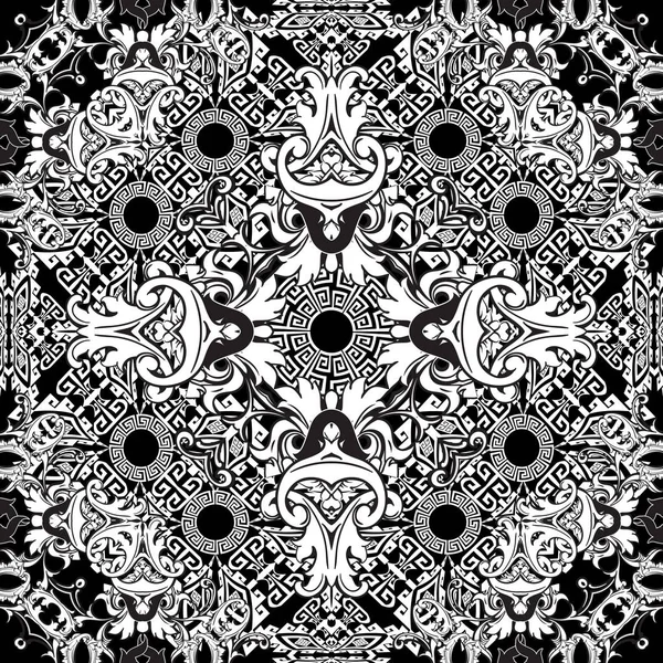 Motif baroque sans couture. Fond d'écran damassé vecteur noir et blanc avec fleurs vintage, feuilles de défilement, méandres, ornements tribaux géométriques clés grecques. Texture ornementale. Design floral de luxe — Image vectorielle