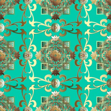 Güzel vintage vektör pürüzsüz desen. Süslü Barok tarzı arkaplan. Yunan anahtarı altın aksesuar. Geometrik şekilli çiçek tasarımı, kareler, fraktallar, çerçeveler, sınırlar, çiçekler, yapraklar.
