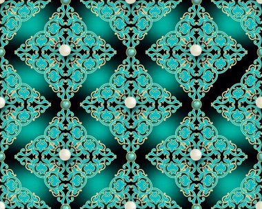Damask pürüzsüz desen. Vektör arabesk mücevher geçmişi. Parlak arka plan tekrarlanıyor. Barok tarzı, değerli taşlar, inciler ve çiçeklerle süslenmiş karmaşık bir süs. Turkuaz altın renginde güzel tasarım..