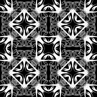 Siyah ve beyaz geometrik vektör pürüzsüz desen. Kabile etnik tarzı dekoratif tek renkli arka plan. Geometrik şekilli, kare, eşkenar dörtgen, çiçek desenli klasik sanat eser izi süslemeleri..