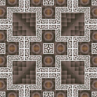 Geometrik modern Yunan vektörü kusursuz desen. Waffle desenli yüzey arka planı. Yunan kilit çizgileri kareler, çizgiler, çerçeveler ve dairelerle süslenir. Kabile etnik tarzını tekrarla.