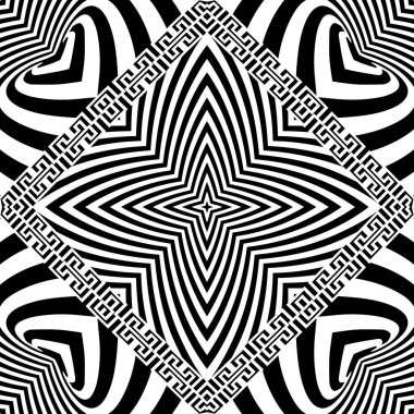 Çizgili siyah-beyaz Yunan vektörü kusursuz desen. Optik efektli geometrik arkaplan. Yunan anahtarlarının süslemeleri radyal çizgiler, şekiller, çizgiler, eşkenar dörtgen, çerçeveler. Soyut arkaplan.