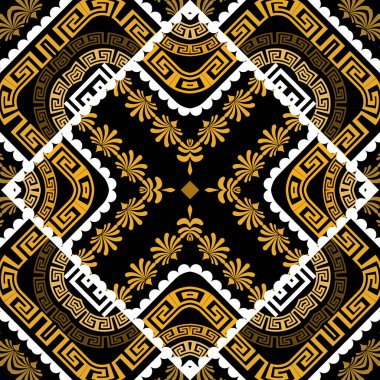 Süslü renkli geometrik yunan vektörü kusursuz desen. Zarif soyut çiçek arkaplanı. Süslü modern arka plan. Yunan anahtarlarının süsü. Şekilleri ve çiçekleri olan etnik tarz tasarımı.