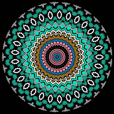 Etnik renkli Yunan vektör mandala deseni. Yuvarlak geometrik zigzag süsü. Soyut çiçek arkaplanı. Güzel süs arkaplanı. Yunan anahtar pervazları, geometrik şekiller, çiçekler, eşkenar dörtgen