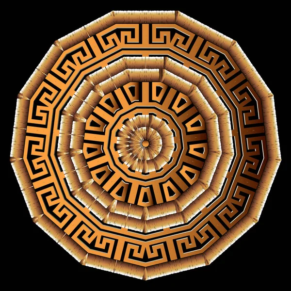 テクスチャ3Dギリシャベクトルマンダラパターン。観賞用の表面民族的背景。部族古代のスタイルのギリシャ語のキーラウンドの装飾を意味します。幾何学的現代抽象デザイン。上品な華やかな質感. — ストックベクタ