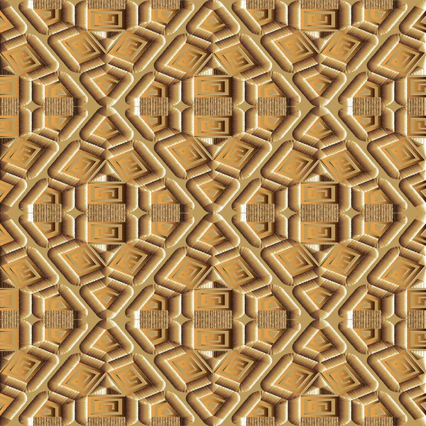 Waffle textured greek 3d vector seamless pattern. Geometric ornamental surface grunge background. Abstract modern decorative dirty backdrop. Geometrical shapes, rhombus, stripes. Greek key meanders. — Stock Vector
