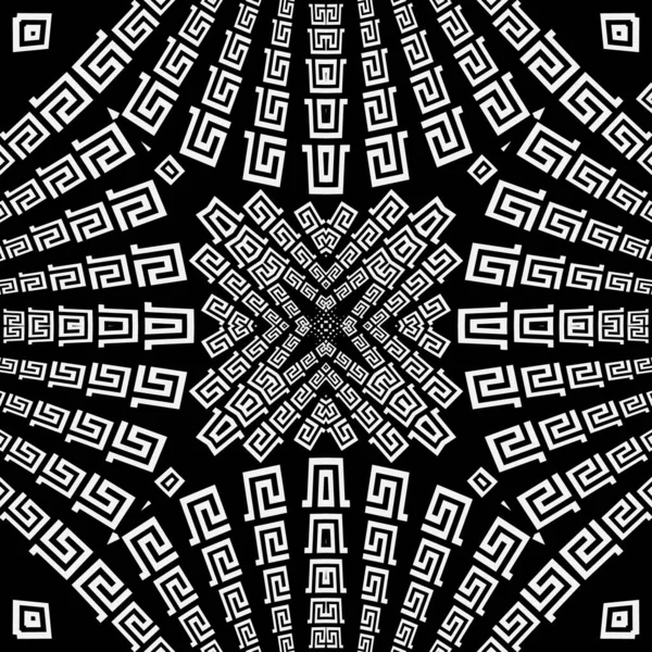黒と白の放射状ギリシャベクトルシームレスパターン。幾何学的モノクロ現代的背景。要約装飾的な背景を繰り返します。ギリシャ語のキーは、古代のスタイルの民族装飾を意味する。絶縁型 — ストックベクタ