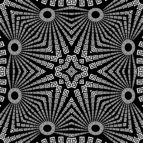 Radial black and white greek vector seamless pattern. Geometric monochrome creative background. Abstract repeat decorative backdrop. Greek key meanders ancient style ethnic ornament. Isolated design. — 스톡 벡터