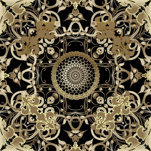 Barok naadloos patroon. Damast ornament. Vector vintage gouden bloemen, bladeren, lijnen, wervelingen. Antieke stijl sierlijke herhaling achtergrond. Ronde bloemen kant mandala. Luxe decoratie. Behang. Weefsel. — Stockvector