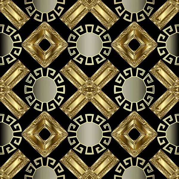 Grekiska nyckeln slingrar guld 3d sömlöst mönster. Vektor abstrakt geometrisk bakgrund. Vintage antika grekiska prydnad med romb, cirklar, ramar, ovala, kors. Ytan utsmyckad oändlig konsistens. — Stock vektor