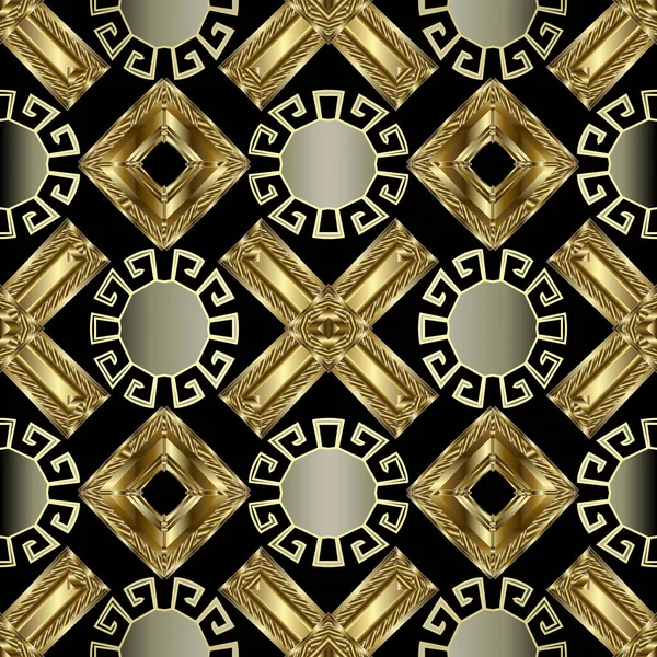 Greek key meander gold 3d seamless pattern. Vector abstract geometric background. Vintage ancient greek ornament with rhombus, circles, frames, oval, crosses . Surface ornate endless texture. — 스톡 벡터