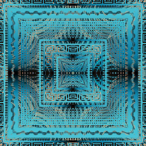 Cuadrados grunge ornamentales vector patrón sin costura. Fondo azul moderno geométrico griego. Adorno meandro clave griega con formas estampadas, marco cuadrado, bordes, olas, líneas. Textura adornada sin fin — Archivo Imágenes Vectoriales