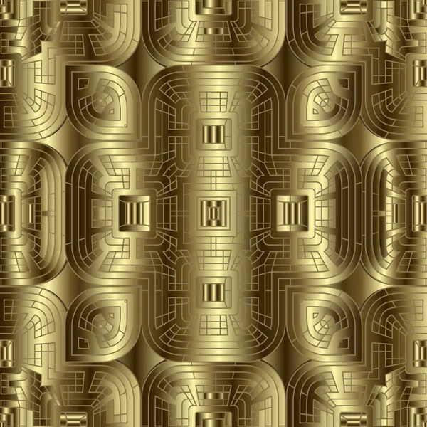 Gold texturierte 3D-Vektor nahtlose Muster. ornamentaler abstrakter geometrischer goldener Hintergrund. Oberfläche wiederholt Luxuskulisse. Geometrie Formen, Linien, Streifen. modernes Design. verschwenderische endlose Goldtextur. — Stockvektor