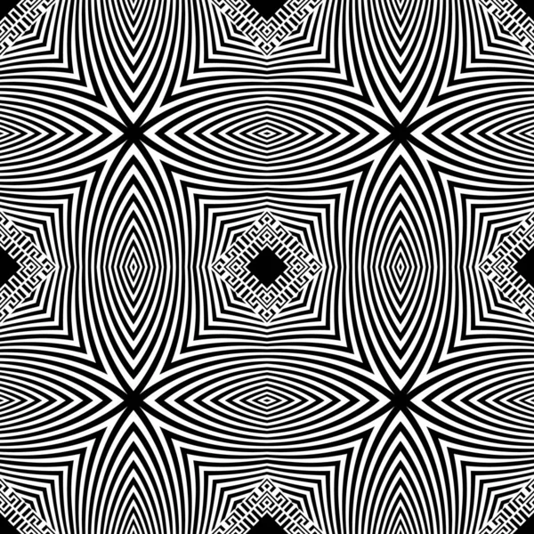 Striped black and white greek vector seamless pattern. Geometric background with optical effect. Greek key meanders ornament with radial stripes, shapes, lines, rhombus, frames. Abstract backdrop. — 스톡 벡터