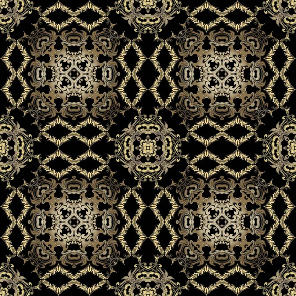 Vector barroco patrón sin costura. Ornamental renacimiento rococó antiguo estilo de fondo. Repite el telón de fondo de Damasco. Adorno floral elegante con flores vintage, hojas. Hermoso diseño dorado adornado . — Vector de stock