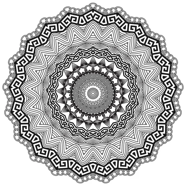 Tribal zigzag Griekse vector mandala patroon. Decoratieve zwart-wit etnische patroon achtergrond. Geïsoleerd ornament met abstracte bloemen, zigzag lijnen, vormen, griekse sleutel meanders, kettingen, frames. — Stockvector