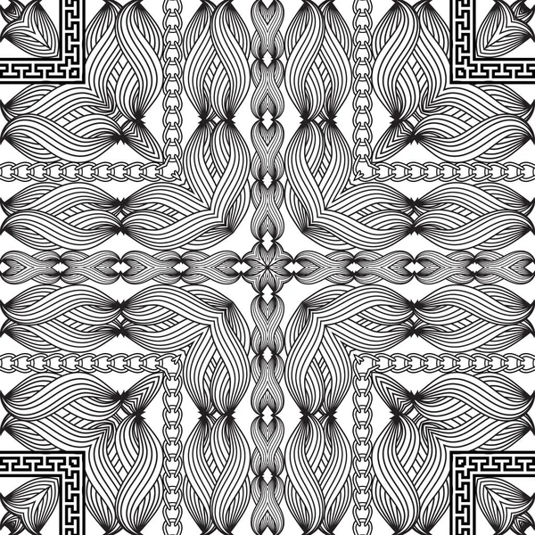 Floral black and white greek vector seamless pattern. Intricate line art tracery braided ornaments with borders, chains, lines flowers, leaves, stripes, greek key meanders, frames. Ornate background. — Stock Vector