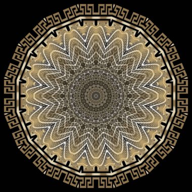 Fütürist soyut Yunan tarzı fraktal mandala deseni. Vektör yaratıcı modern dekoratif arka plan. Yuvarlak, zarif bir fantezi süsü. Yunanca anahtar dolambaçlı daire çerçeveli dekoratif mandala.