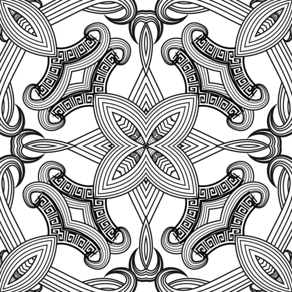 Bloemen symmetrisch zwart-wit Griekse vector naadloos patroon. Abstracte decoratieve achtergrond. Handgetekende lijnen bloemen, vormen. Griekse sleutel meandert. Modern geïsoleerd ornament op wit. — Stockvector