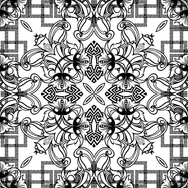 Barokkvektor sømløs mønster. Greske nøkkelblomster. Abstrakt floralDamask-bakgrunn. Viktoriansk stil. Barokke mønstre. Geometriske former, elementer, firkanter, grenser, blomster, blader – stockvektor