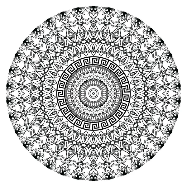 Yunan vektörü siyah beyaz dantel mandala deseni. Çiçekli Barok ve Yunan çerçeveli süs arkaplanı. Geometrik şekiller, daireler. Klasik çiçekler, yapraklar. Yunanca anahtar mandala süsü. — Stok Vektör