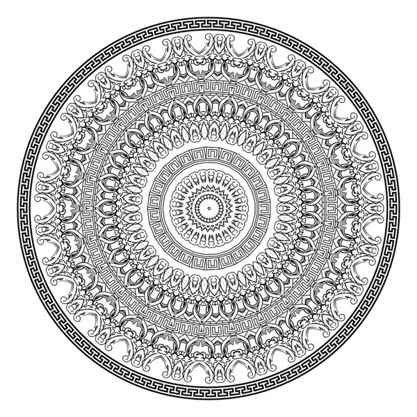 Greek vector black and white round mandala pattern. Ornamental background with floral baroque and greek frames. Geometric shapes, circles. Vintage flowers, leaves. Greek key meanders mandala ornament — Stock Vector