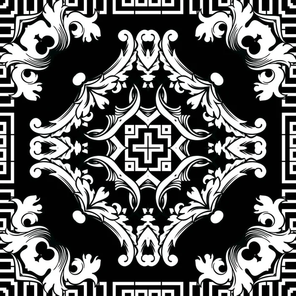 バロックベクトルシームレスパターン。ギリシャ語の鍵は飾りを意味する。抽象的な花ダマスクの背景。ヴィンテージビクトリア朝スタイルのバロックパターン。幾何学的形状、要素、正方形、境界線。繰り返し設計. — ストックベクタ