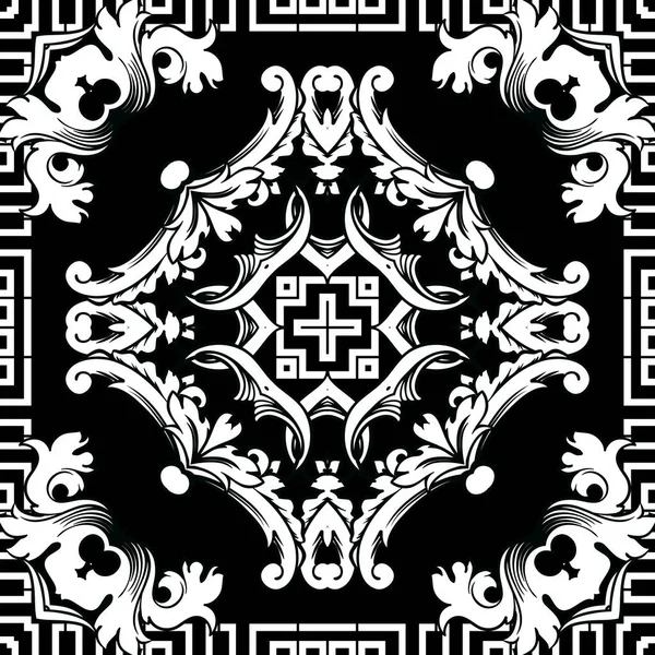 Barocke Vektor nahtlose Muster. griechischer Schlüssel mäandert Ornament. abstrakter floraler Damasthintergrund. Barocke Muster im viktorianischen Stil. geometrische Formen, Elemente, Quadrate, Grenzen. Wiederholtes Design. — Stockvektor