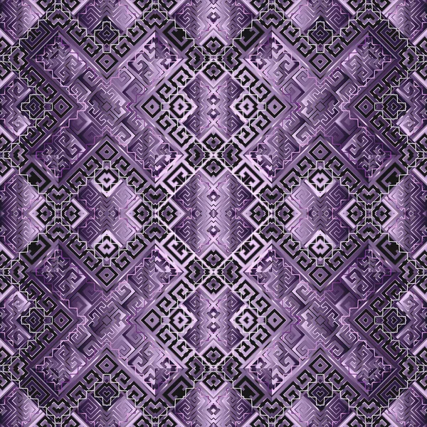 Violet tribale geometrische Griekse vector naadloos patroon. Etnische tapijt stijl decoratieve achtergrond. Abstract Herhaal de achtergrond van zijde. Geometrie vormen, zigzag lijnen, ruit, Griekse sleutel meanders ornamenten. — Stockvector