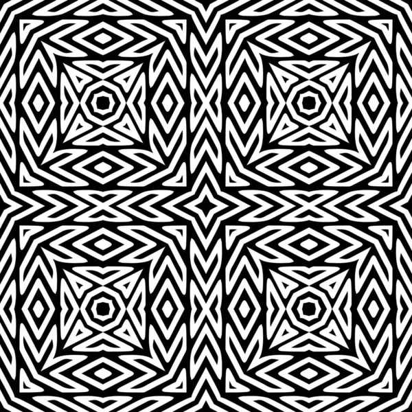 Zigzag无缝模式。 黑色和白色矢量装饰锯齿状背景。 部落民族风格的单色重复背景. 带有箭头、抽象形状、锯齿形、正方形、边框的几何饰物. — 图库矢量图片