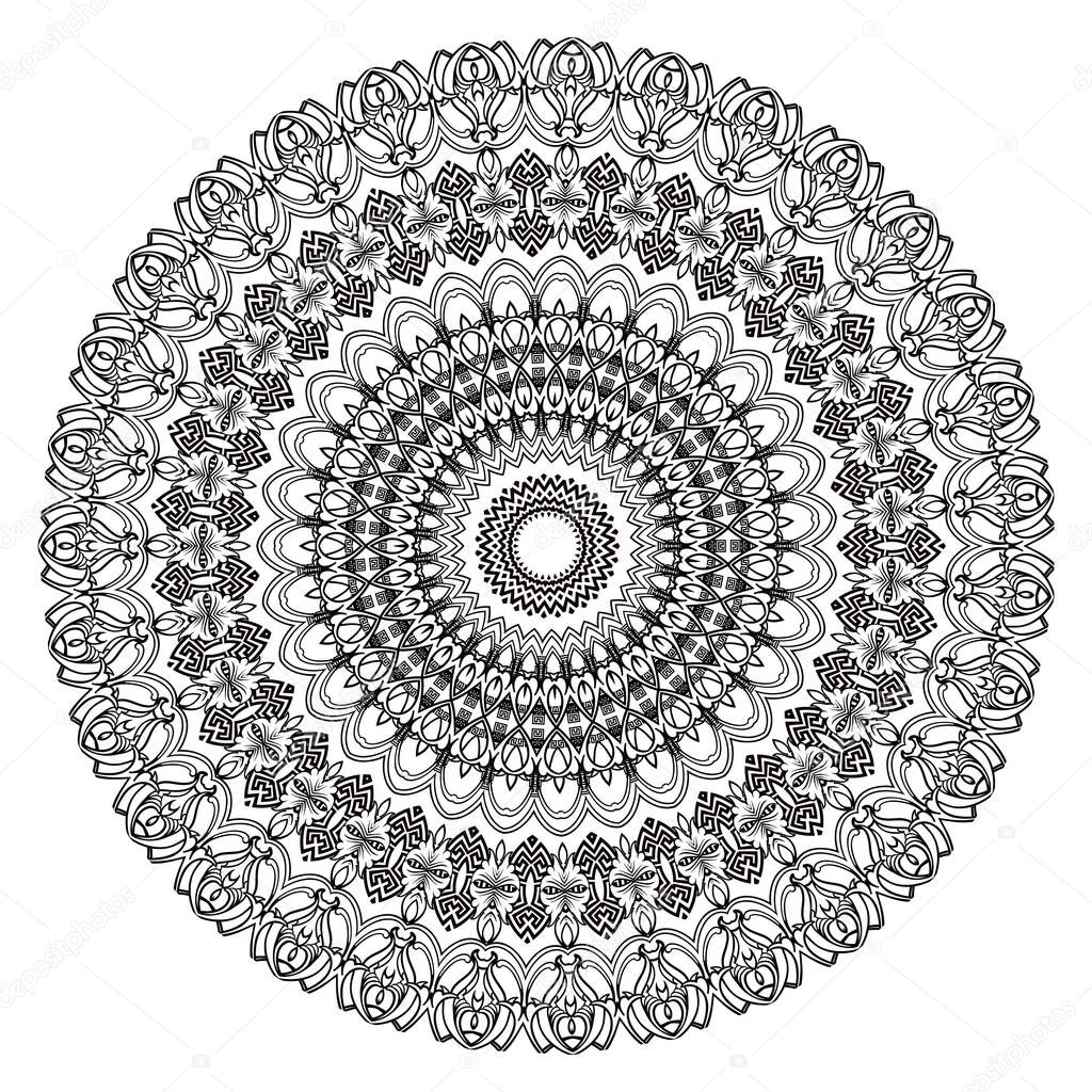 Baroque vector black and white lace mandala pattern. Ornamental background with floral greek frames. Geometric shapes, circles. Vintage flowers, leaves. Greek key meanders round mandala ornament.