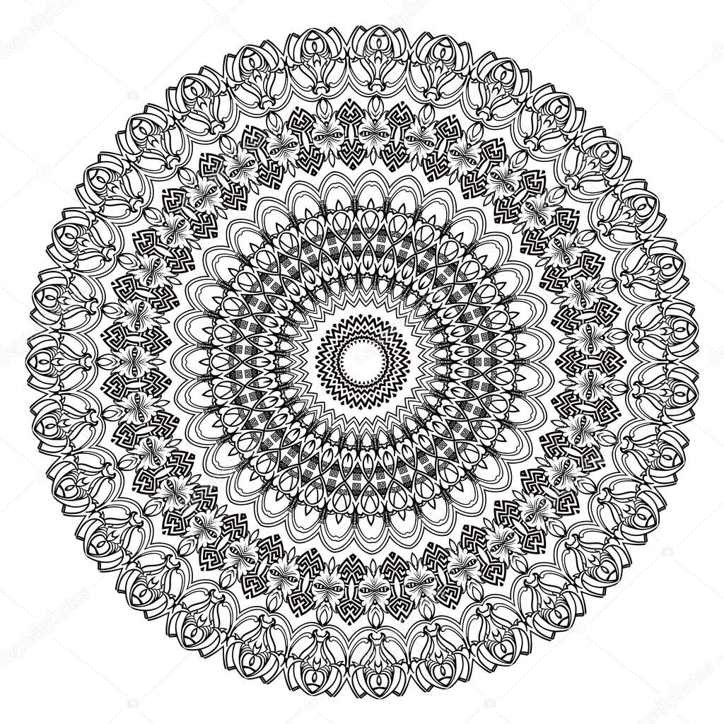 Baroque vector black and white lace mandala pattern. Ornamental background with floral greek frames. Geometric shapes, circles. Vintage flowers, leaves. Greek key meanders round mandala ornament.