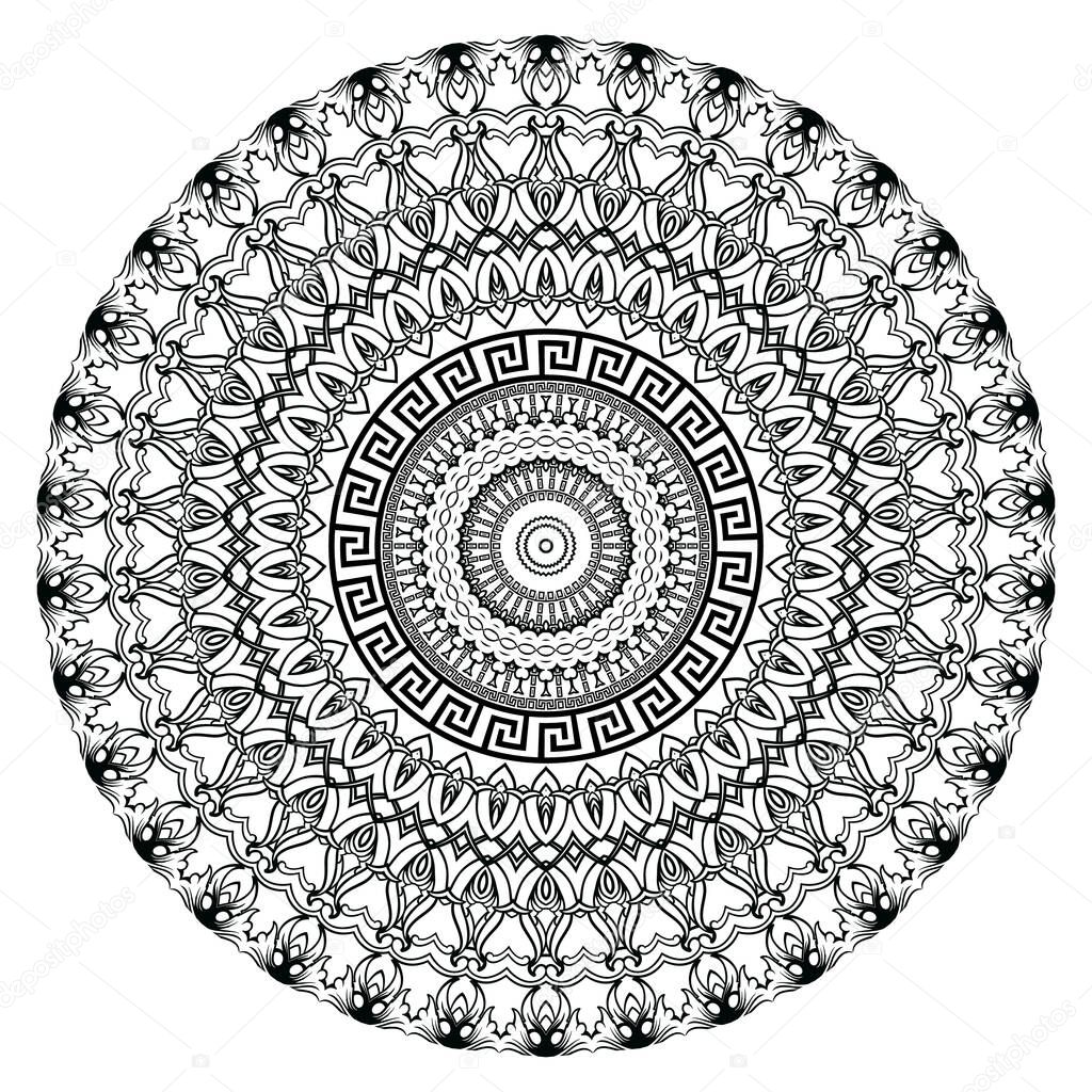 Greek vector black and white lace mandala pattern. Ornamental background with floral Baroque and greek frames. Geometric shapes, circles. Vintage flowers, leaves. Greek key meanders mandala ornament.