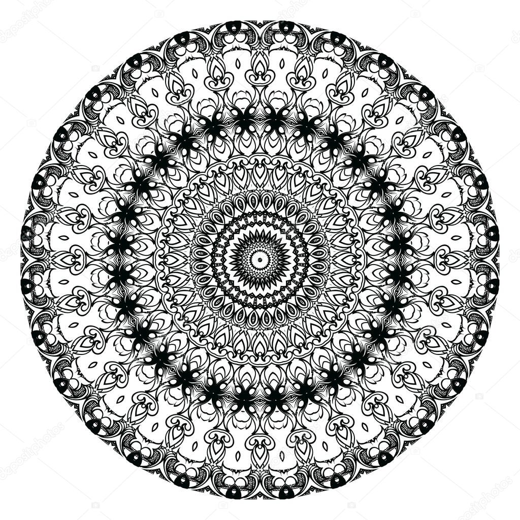 Floral black and white Baroque style mandala pattern. Vector ornamental round ornament. Isolated design. Template. Vintage flowers, leaves, circles, frames. Ornate patterned texture.