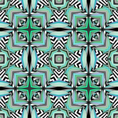 Soyut kabile zigzag çizgileri vektörsüz desen. Renkli geometrik arka plan. Simetrik arkaplanı tekrar et. Dekoratif etnik stil süsü. Geometrik şekiller, zig zag, kareler, çizgiler.