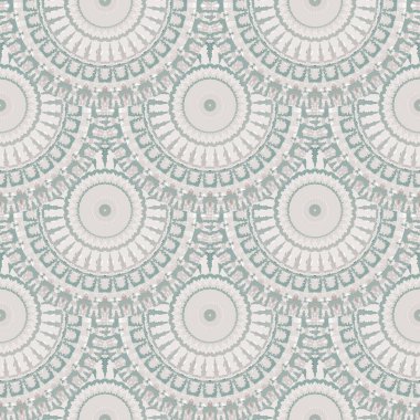 Zarif yuvarlak mandalas kusursuz desen. Vektör süsleme arkaplanı pastel renklerde. Grunge soyut fayanslı daireler deco süsü. Dekoratif arka planı tekrarla. Hassas ışık tasarımı.
