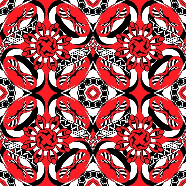 Negro rojo blanco abstracto hermoso vector patrón sin costura. Fondo brillante ornamental intrincado. Fondo decorativo de repetición. Formas geométricas, flores, cadenas, rayas, líneas en zigzag. Diseño adornado . — Vector de stock