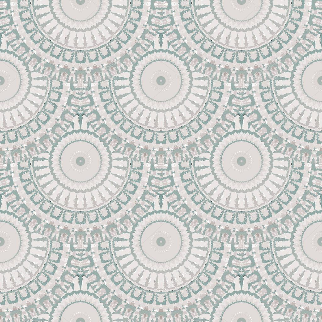 Elegance round mandalas seamless pattern. Vector ornamental tiles background in pastel colors. Grunge abstract tiled circles deco ornament. Repeat decorative ornate backdrop. Delicate light design.