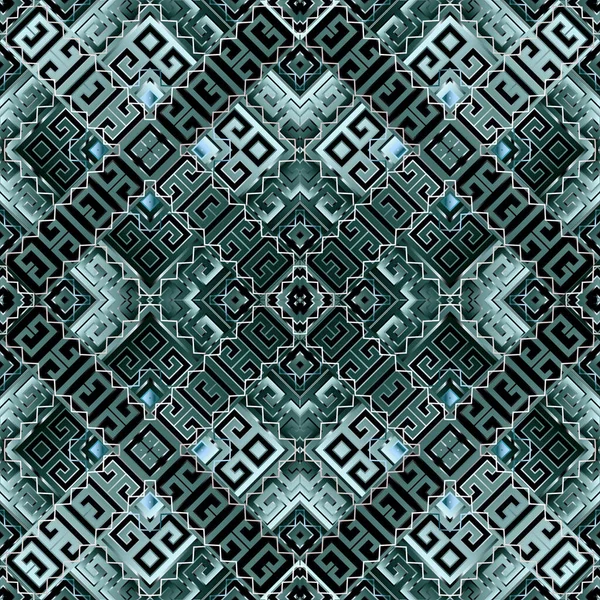 Suku geometris vektor Yunani pola mulus. Gaya etnis karpet latar belakang ornamental. Latar belakang pengulangan abstrak. Bentuk geometri, garis zigzag, rhombus, kunci hijau meanders. Modern ornamen elegan - Stok Vektor