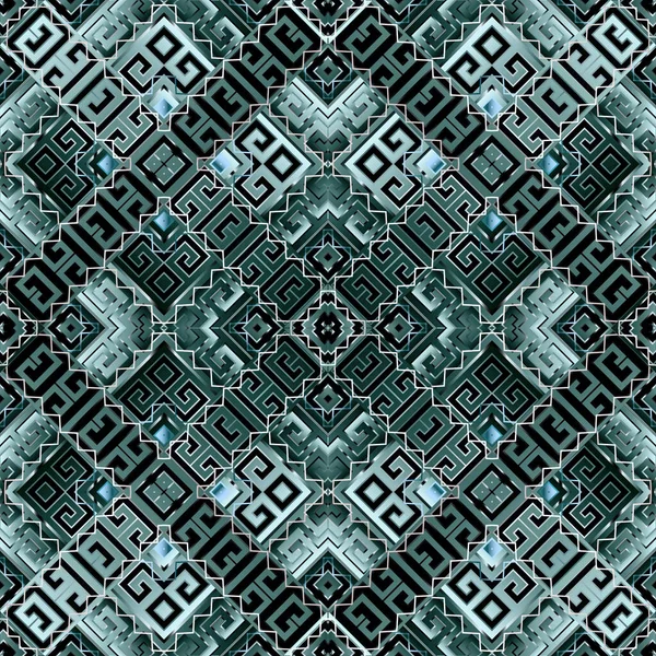 Patrón tribal geométrico griego vector sin costura. Estilo de alfombra étnica fondo ornamental. Fondo de repetición abstracto. Formas geométricas, líneas en zigzag, rombos, meandros griegos. Adorno elegante moderno — Archivo Imágenes Vectoriales