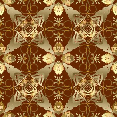 Soyut modern Yunan tarzı çiçek taşıyıcı kusursuz desen. Kırmızı süslemeli geometrik arka plan. Altın çiçekler, yapraklar, geometrik şekiller, çizgiler, Yunanca ana yollar. Güzel eski süsler.